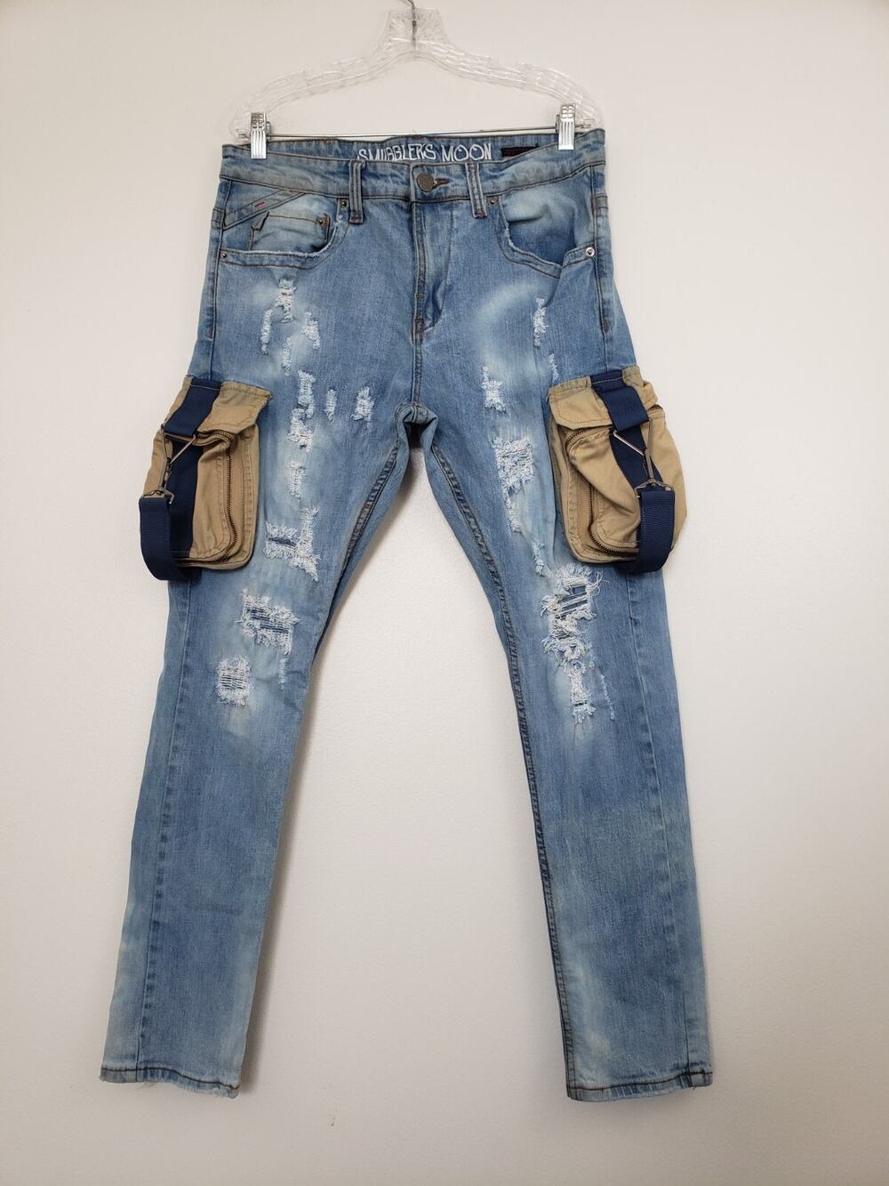Y2K Smugglers Moon Cargo Pockets Jeans Mens Size 34 Blue Stonewash Distressed